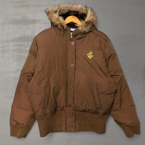 Rocawear Puffer Jacket Brown Y2K Faux Fur Hood Women's Gold XXL